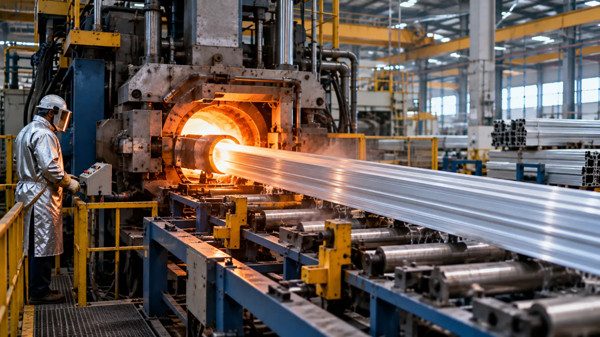 Aluminium extrusion press producing profiles in a plant managed with extrusion ERP