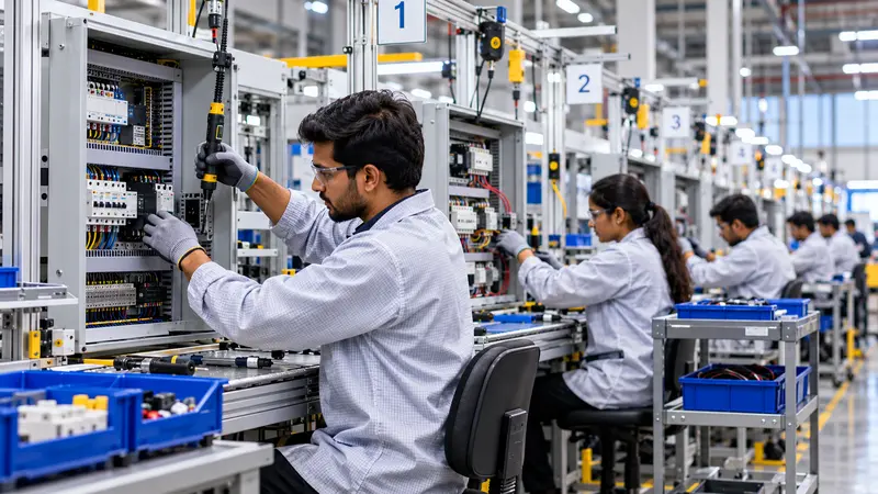 Technicians assembling products on a manufacturing production line