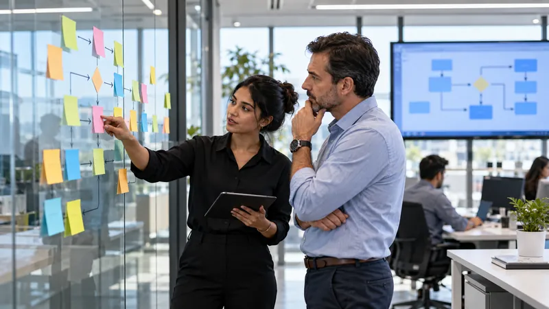 Team mapping a custom ERP approval workflow on a glass wall in a modern office