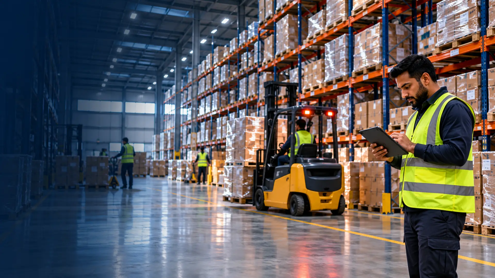 Modern distribution warehouse with pallet racking and forklifts managed with ERPNext