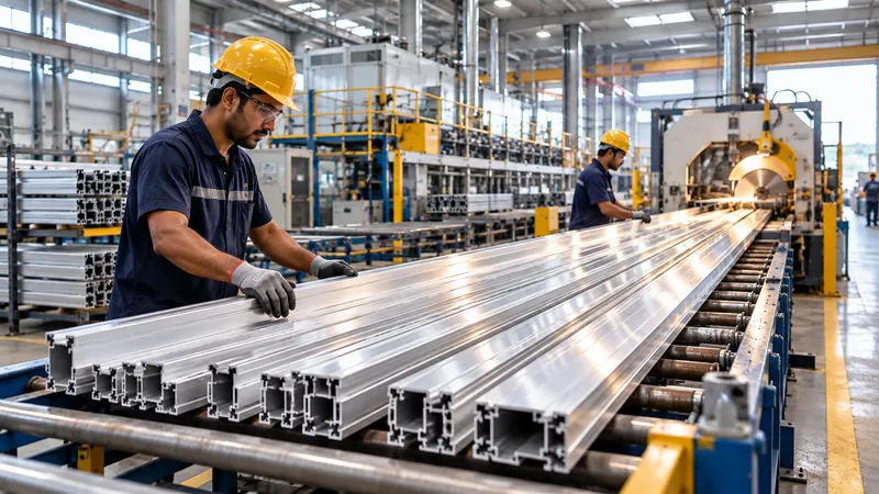 Extruded aluminium profiles on the cooling table of an extrusion production line