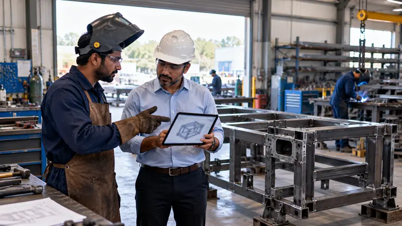 Fabricator and engineer reviewing a custom make-to-order steel frame in a fabrication shop