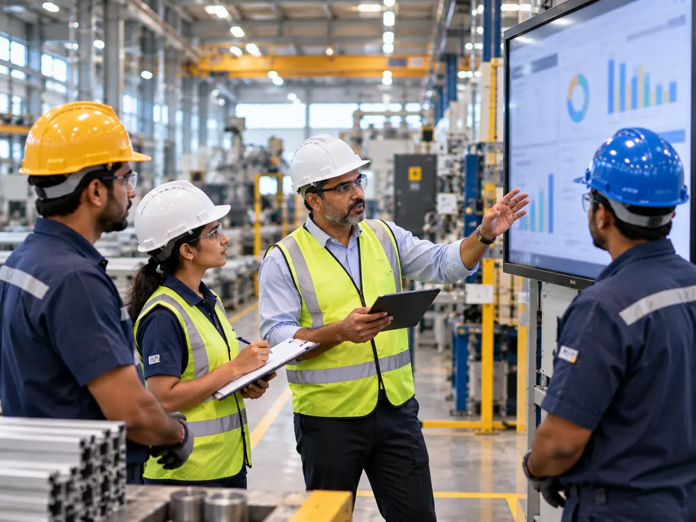 Manufacturing team reviewing production KPIs together at a shop-floor dashboard