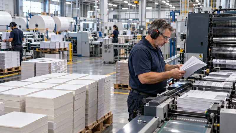 Press operator checking printed pages on a production line at a publishing and printing company