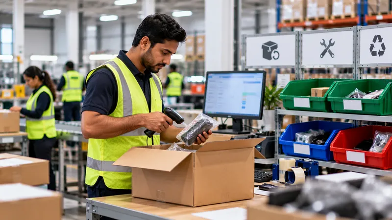 Warehouse worker inspecting and scanning customer returns at a returns processing station